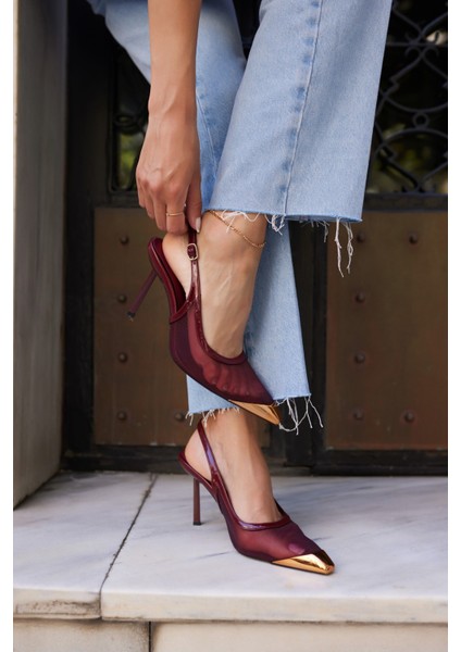 Leno Kadın Bordo Tul Detay Burun Demırlı Sandalet modelleri