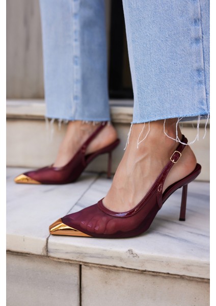 Leno Kadın Bordo Tul Detay Burun Demırlı Sandalet