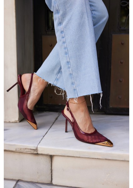 Leno Kadın Bordo Tul Detay Burun Demırlı Sandalet