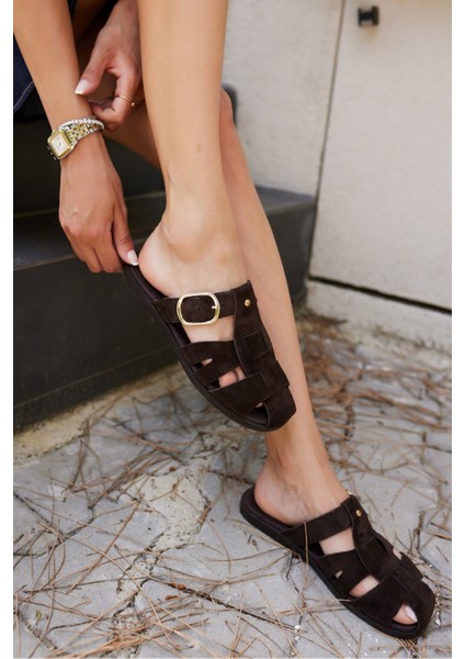 Careas Kadın Kahve Gercek Suet Terlik