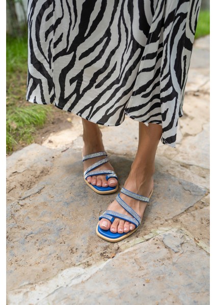 Jinx Kadin Mavi Gercek Deri Taşli Terlik