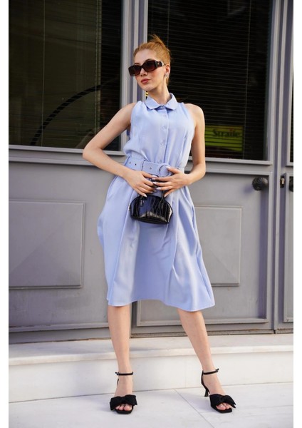 Gömlek Yaka Kemerli Elbise Mavi S255061