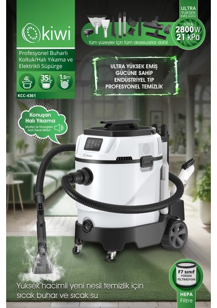 KCC-4361 Endüstriyel Koltuk, Halı ve Döşeme Yıkama Makinesi – 21 Kpa, Buharlı Temizlik, 4,2l Su Haznesi