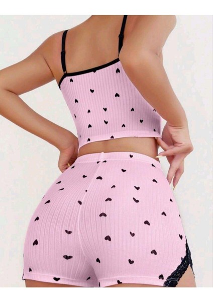 Pembe Kalp Desenli Askılı Şortlu Pijama Takım modelleri
