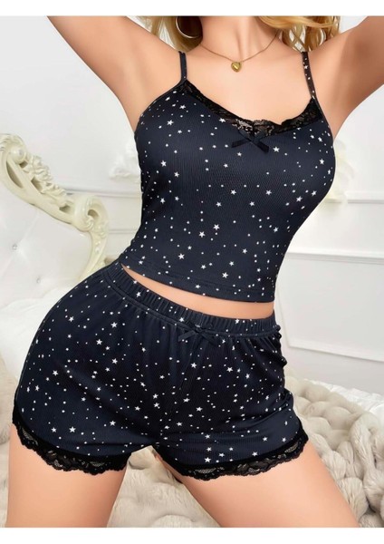Yıldız Desenli Askılı Şortlu Pijama Takımı modelleri