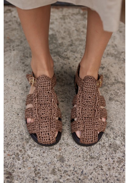 Romus Kadın Siyah El Orgu Hasır Sandalet