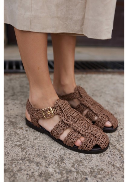 Romus Kadın Siyah El Orgu Hasır Sandalet