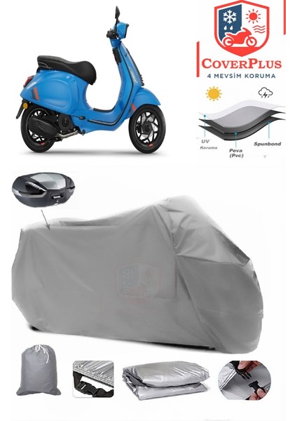 Vespa Sprint 125 Arka Çanta Uyumlu (Gri) Motorsiket Brandası Motor Örtüsü Çadır Su Geçirmez Motosiklet Kılıfı Motor Brandası