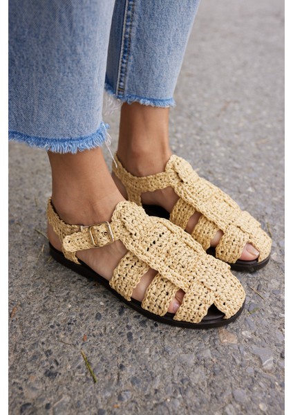 Romus Kadın Siyah El Orgu Hasır Sandalet