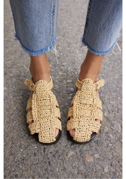 Romus Kadın Siyah El Orgu Hasır Sandalet