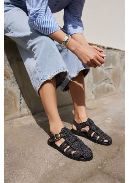 Romus Kadın Siyah El Orgu Hasır Sandalet