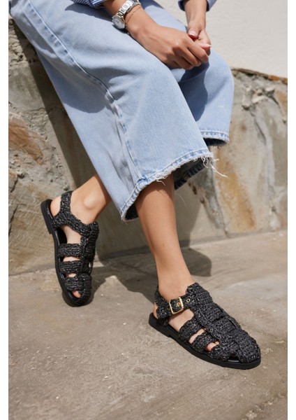 Romus Kadın Siyah El Orgu Hasır Sandalet modelleri
