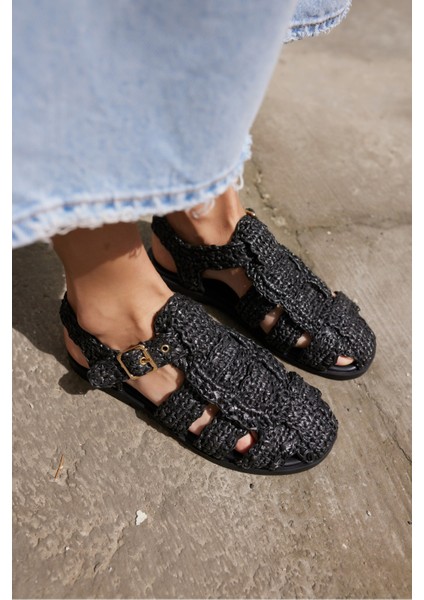 Romus Kadın Siyah El Orgu Hasır Sandalet fırsatları