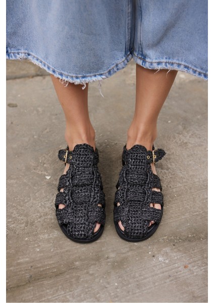 Romus Kadın Siyah El Orgu Hasır Sandalet