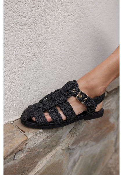 Romus Kadın Siyah El Orgu Hasır Sandalet