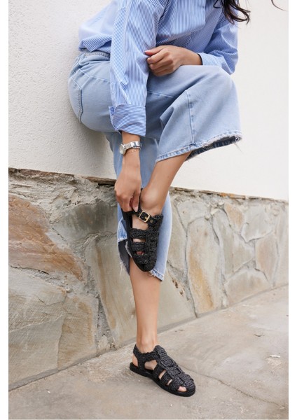 Romus Kadın Siyah El Orgu Hasır Sandalet