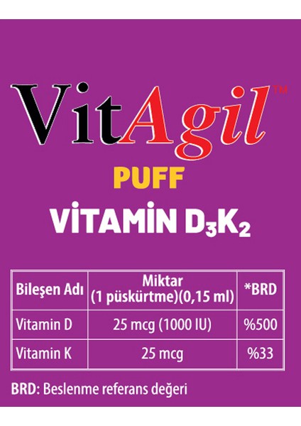 Vitagil Puff Vitamin D3K2 Sprey 20 ml modelleri