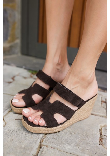 Hawai Kadın Kahve Gercek Deri Süet Espadril Terlık