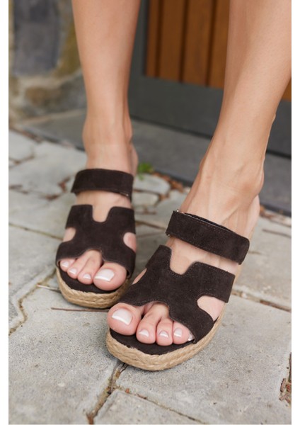 Hawai Kadın Kahve Gercek Deri Süet Espadril Terlık