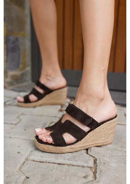 Hawai Kadın Kahve Gercek Deri Süet Espadril Terlık