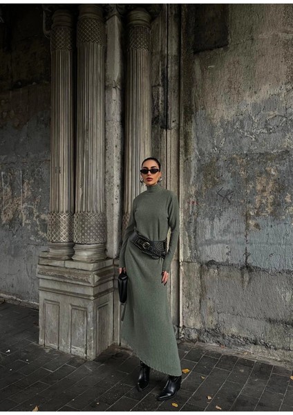 Boğazlı Kalın Bürümcük Uzun Elbise Yeşil fiyatları