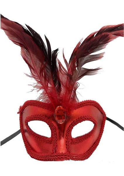 Kırmızı Renk Rugan Kaplama Kırmızı Tüylü Parti Maskesi 18x20 cm modelleri