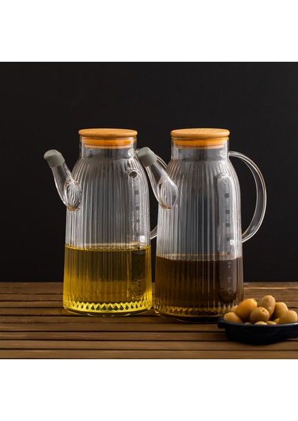 2091 Bambu Kapaklı Vakumlu Ölçekli Borosilikat Cam 2li Yağdanlık Yağlık Sirkelik Seti 1000ML