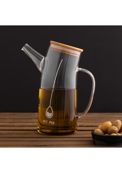 2093 Bambu Kapaklı Vakumlu Borosilikat Cam Yağdanlık Yağlık Sirkelik 700ML