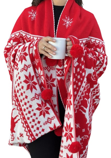 Kar Tanesi Detaylı Ponponlu Triko Örme Tv Battaniyesi–Yılbaşı Hediyesi-130x170 cm-Kırmızı fırsatları