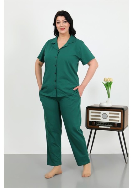 Kadın Büyük Beden Pamuklu Cepli Düğmeli Zümrütyeşili Pijama Takım