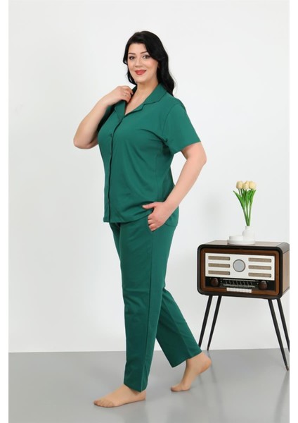 Kadın Büyük Beden Pamuklu Cepli Düğmeli Zümrütyeşili Pijama Takım fiyatları