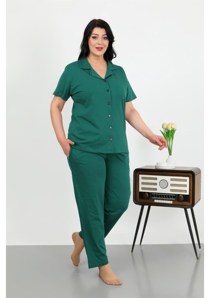 Kadın Büyük Beden Pamuklu Cepli Düğmeli Zümrütyeşili Pijama Takım modelleri