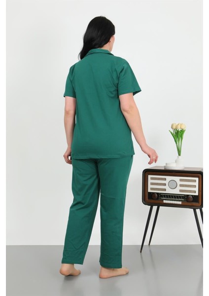Kadın Büyük Beden Pamuklu Cepli Düğmeli Zümrütyeşili Pijama Takım fırsatları