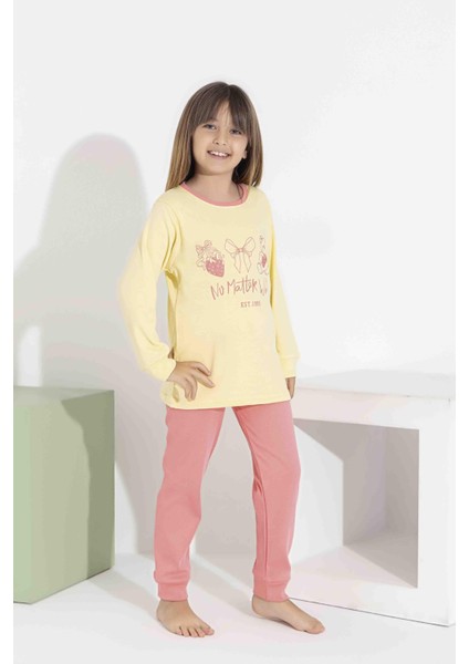 Kız Çocuk Interlok Pijama Takımı Uzun Kollu Rahat Kesim 8407 Sarı fırsatları