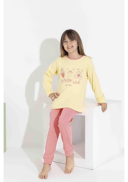 Kız Çocuk Interlok Pijama Takımı Uzun Kollu Rahat Kesim 8407 Sarı indirimleri
