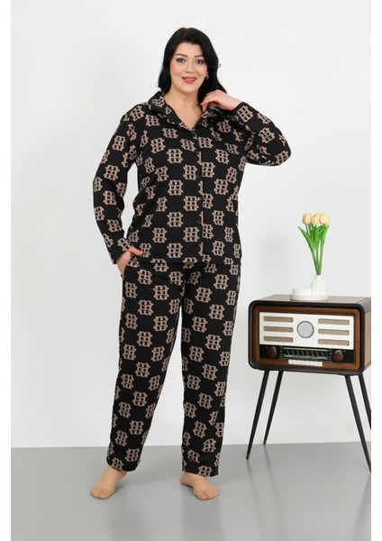 Kadın Büyük Beden Pamuklu Cepli Düğmeli Siyah Pijama Takım