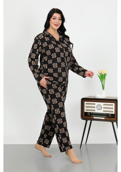 Kadın Büyük Beden Pamuklu Cepli Düğmeli Siyah Pijama Takım fiyatları