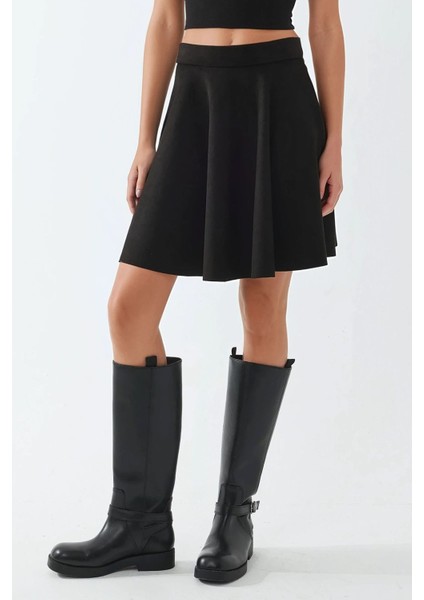 Kadın Fermuarlı Yüksek Bel Suni Süet Mini Etek Siyah
