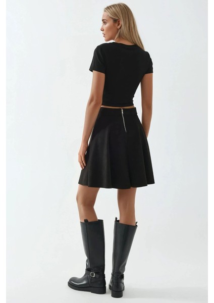 Kadın Fermuarlı Yüksek Bel Suni Süet Mini Etek Siyah fırsatları