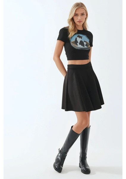 Kadın Fermuarlı Yüksek Bel Suni Süet Mini Etek Siyah indirimleri