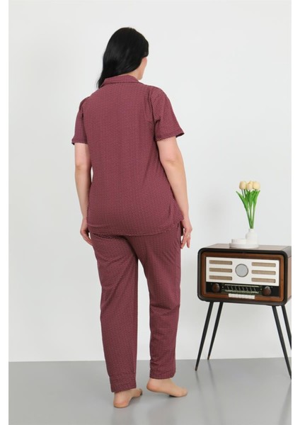 Kadın Büyük Beden Pamuklu Cepli Düğmeli Mor Pijama Takım indirimleri