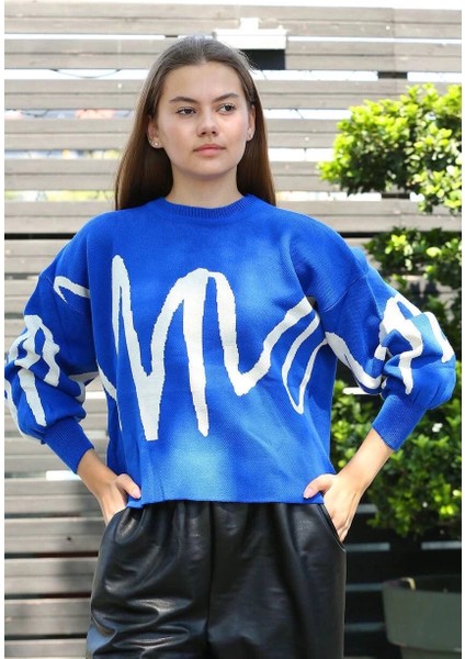 Beyaz Çizgili Bisiklet Yaka Kazak Saksmavisi fiyatları