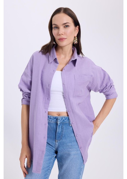 Kadın Oversize Geniş Kesim %100 Pamuk Müslin Kumaş Uzun Kollu Cepli Dokulu Açık Mor Gömlek