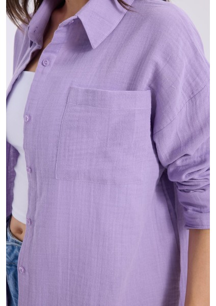 Kadın Oversize Geniş Kesim %100 Pamuk Müslin Kumaş Uzun Kollu Cepli Dokulu Açık Mor Gömlek modelleri