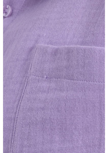 Kadın Oversize Geniş Kesim %100 Pamuk Müslin Kumaş Uzun Kollu Cepli Dokulu Açık Mor Gömlek