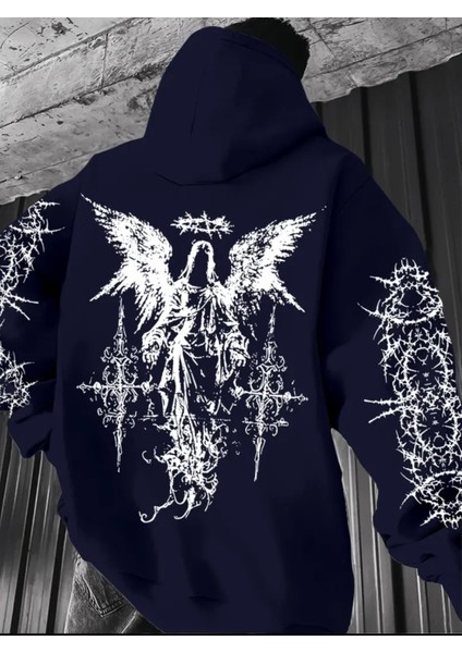 Büyük Beden Özel Tasarım Kapüşonlu Gothıc Dikenler Sırt Baskılı Hip Hop Erkek Sweatshırt