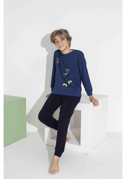 Erkek Çocuk Lacivert Uzun Kollu Oyun Temalı Pamuklu Pijama Takımı 7419L modelleri