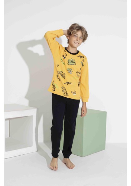 Erkek Çocuk Renkli Baskılı Uzun Kol Pijama Takımı - Interlok Kumaş 7413 Sarı fiyatları