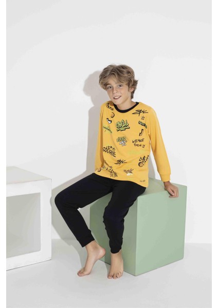 Erkek Çocuk Renkli Baskılı Uzun Kol Pijama Takımı - Interlok Kumaş 7413 Sarı indirimleri