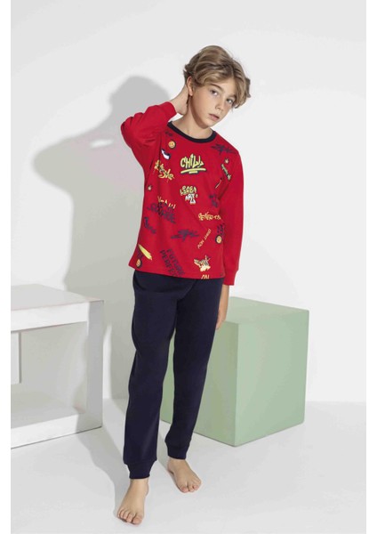 Erkek Çocuk Renkli Baskılı Uzun Kol Pijama Takımı - Interlok Kumaş 7413K fiyatları